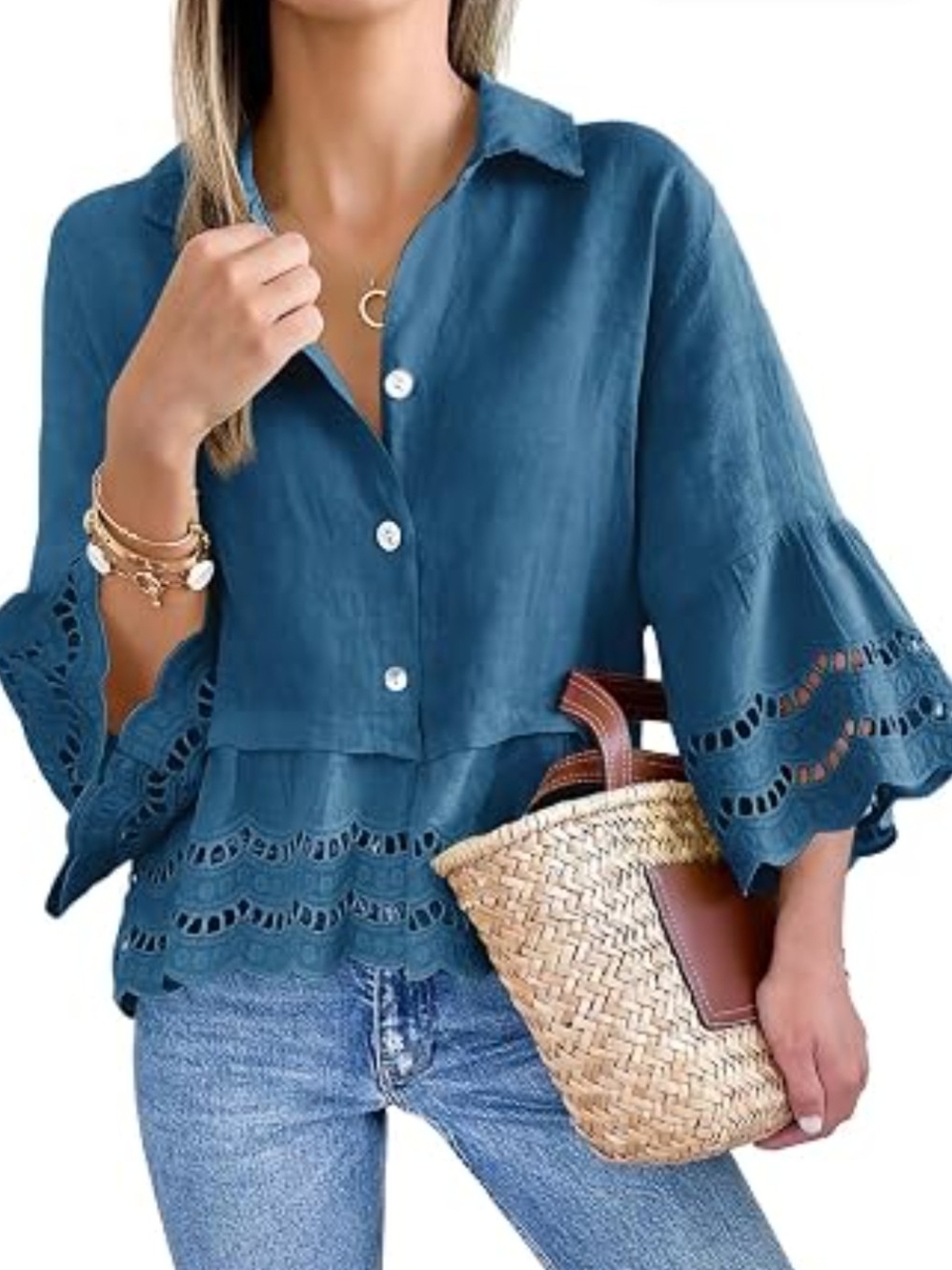 Blue Lace-Trim Button Front Blouse - Women Tops L